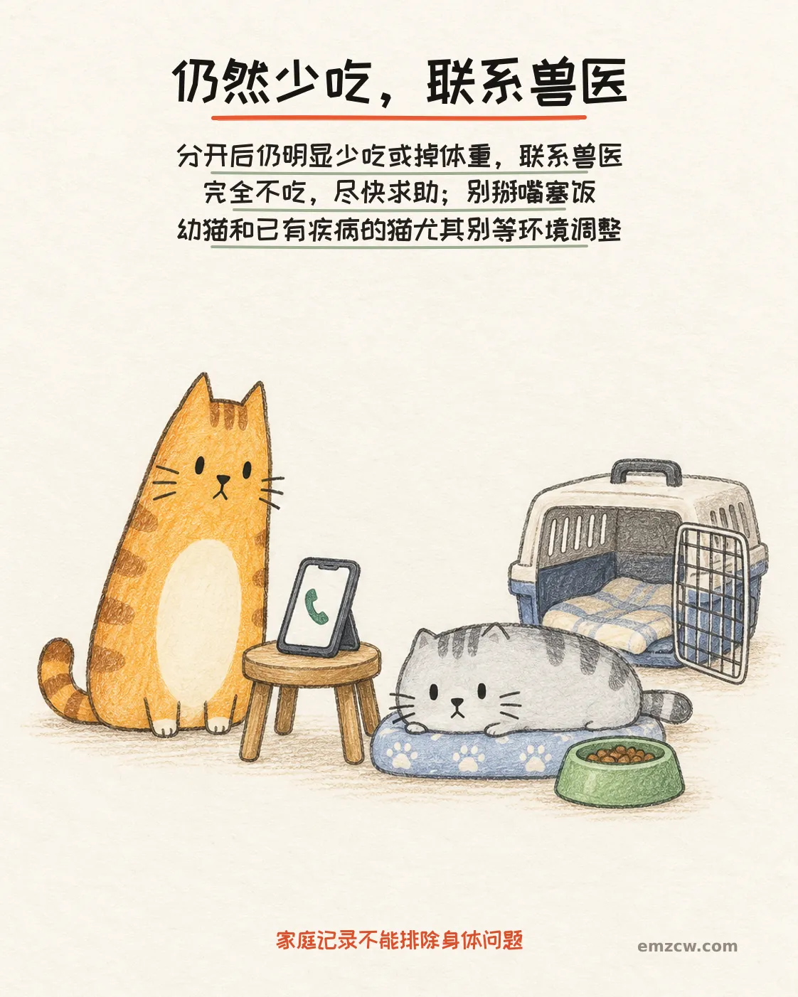二猫子一只卧在软垫上未动饭碗,另一只在电话和打开的航空箱旁准备求助,提醒分开后仍明显少吃或掉体重要联系兽医,完全不吃尽快求助