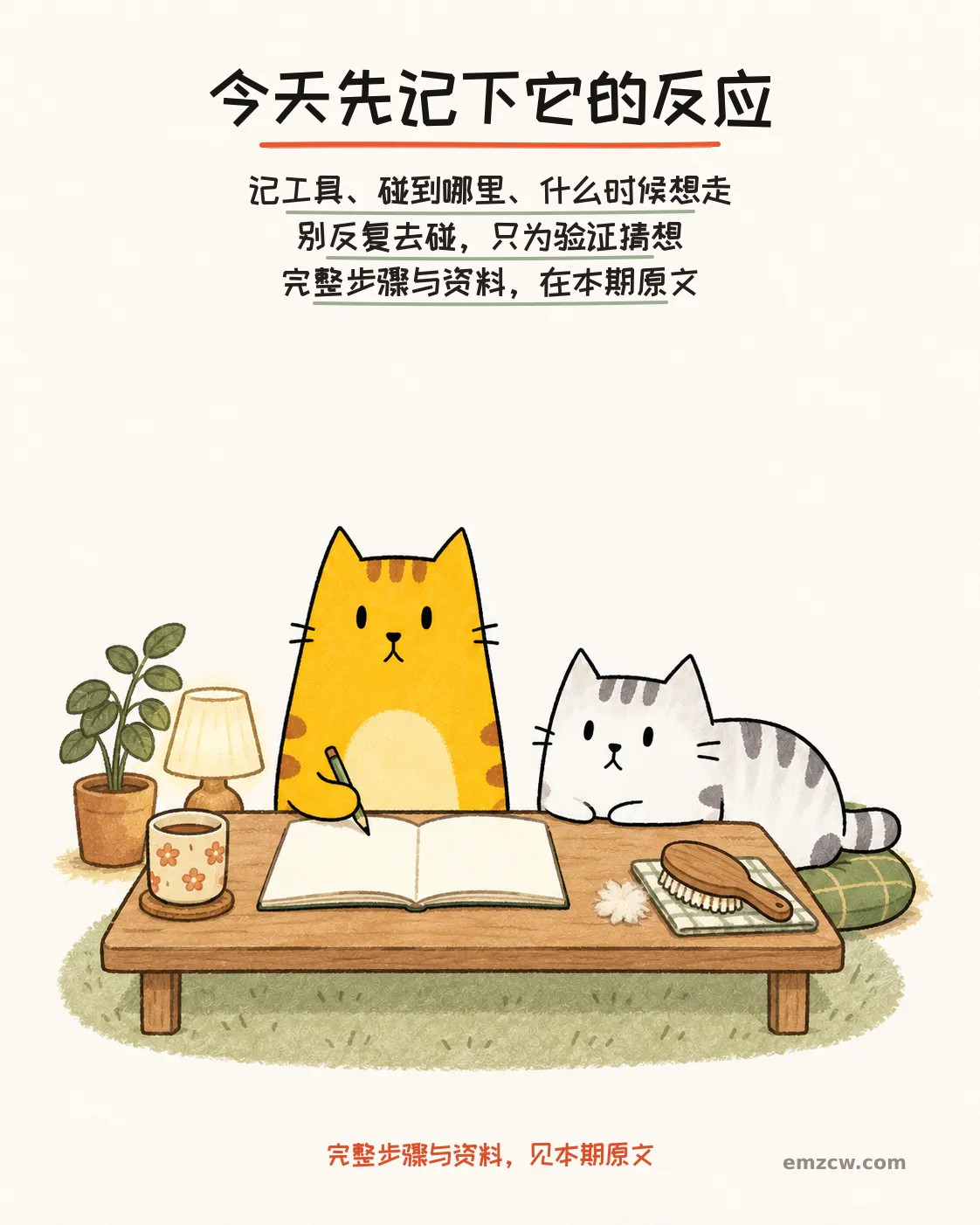 二猫子一只拿铅笔准备记录工具和护理反应,另一只自主待在桌边软垫上,说明不反复触碰验证猜想并引导阅读原文