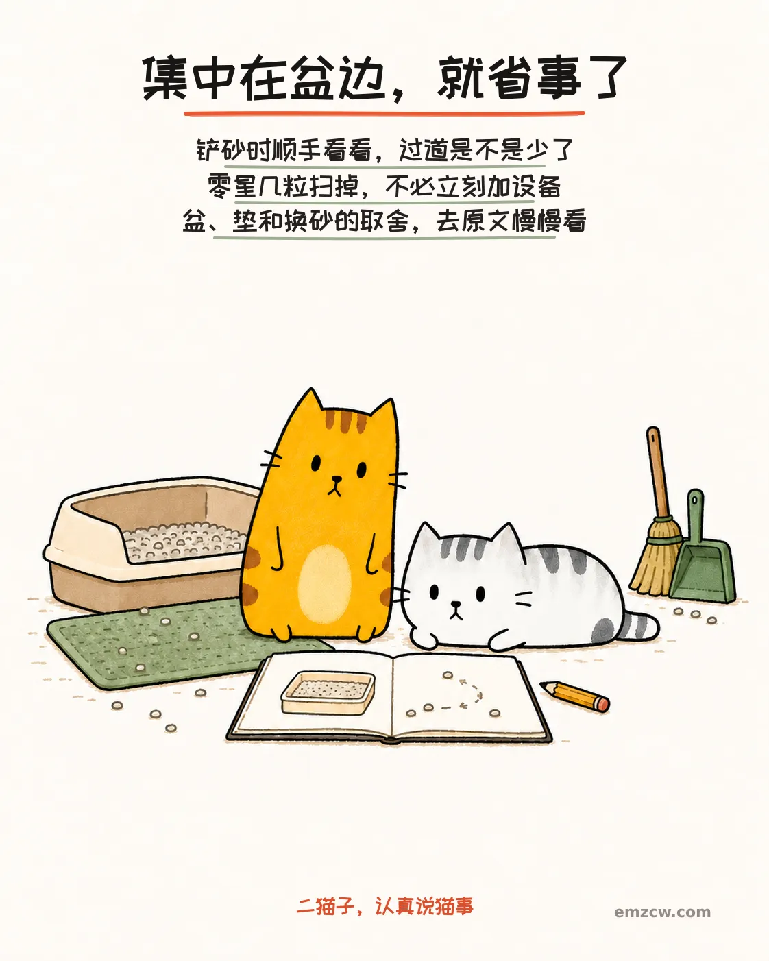 二猫子一起查看只画有砂盆和散砂路线的笔记,旁边有落砂垫与收好的清扫工具,说明评估散砂是否集中并引导阅读原文