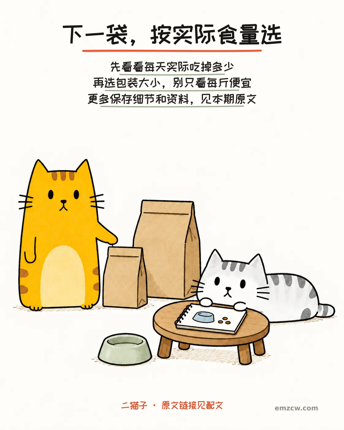 二猫子一起对照大小两袋粮、食碗和图画笔记,说明按平时实际食量选包装,并引导阅读本期原文