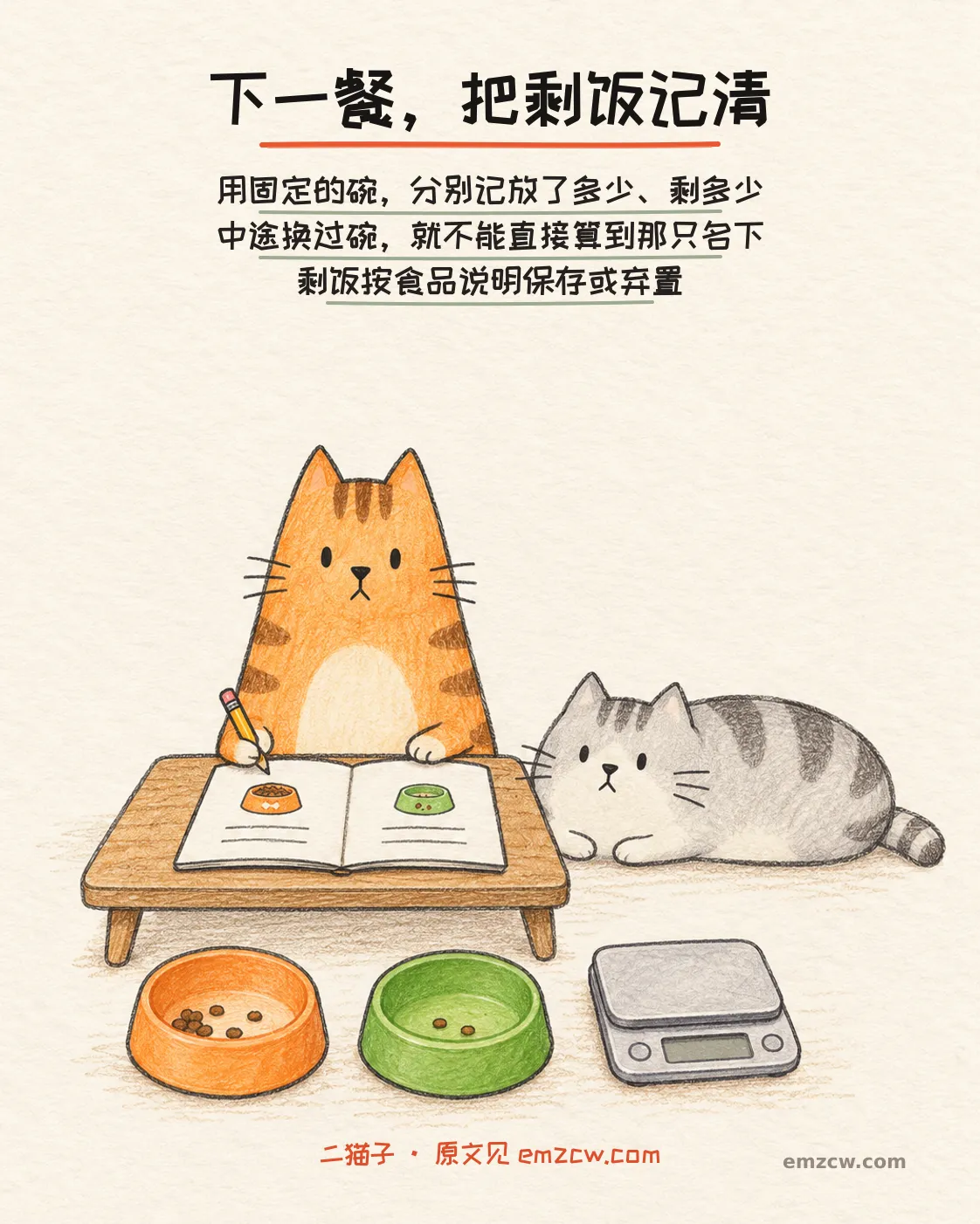 二猫子一起对照橘色与绿色饭碗的剩粮、厨房秤和图画笔记,说明固定碗分别记录放入量与剩余量,串碗后不能直接归算,剩饭按食品说明处理