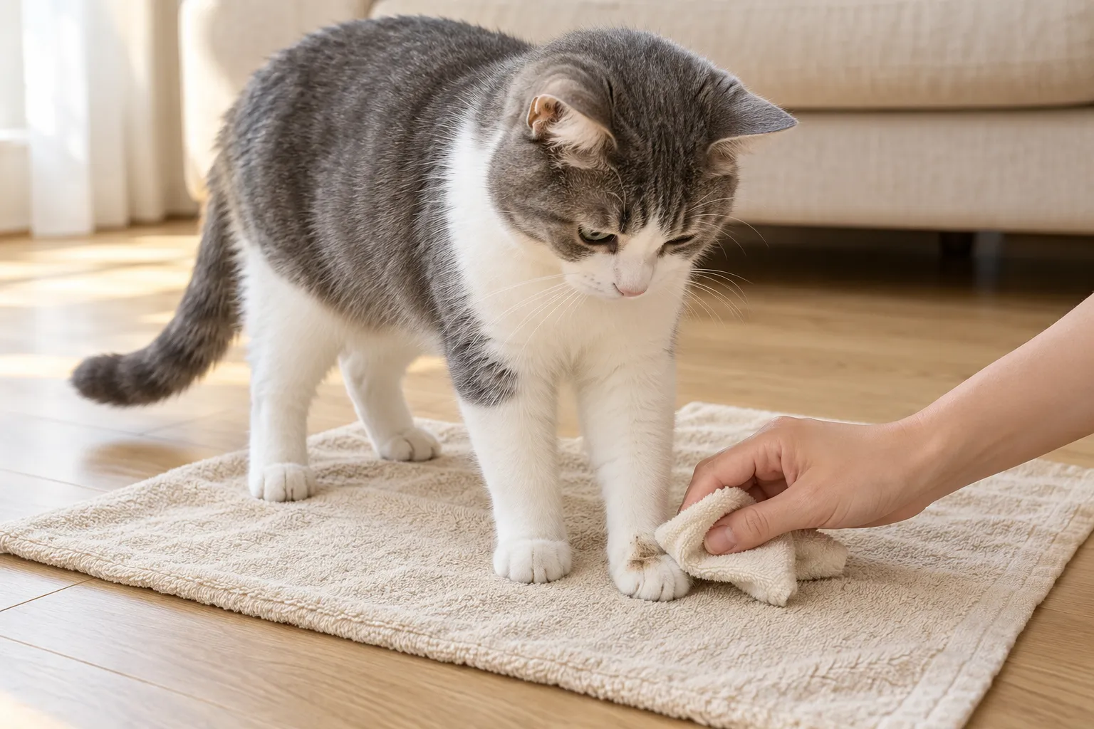 灰白短毛猫四爪站在铺于木地板的毛巾上,一只手用软布轻擦它前爪外侧的小块泥渍