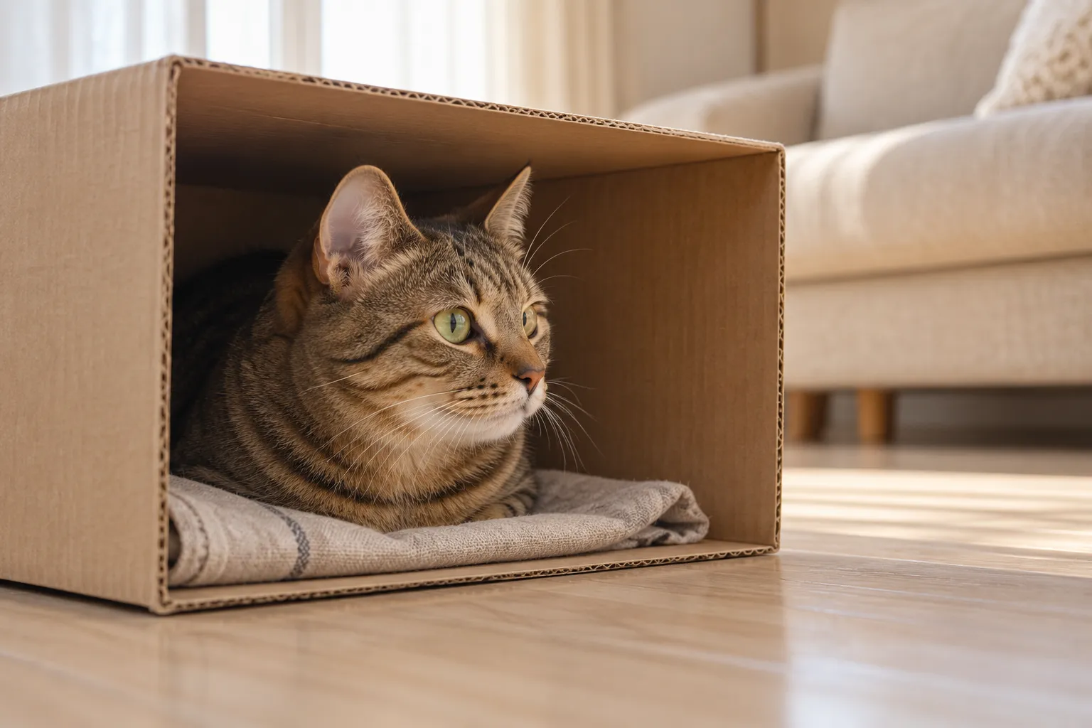 狸花猫趴在横放纸箱里，从宽大的开口向外张望