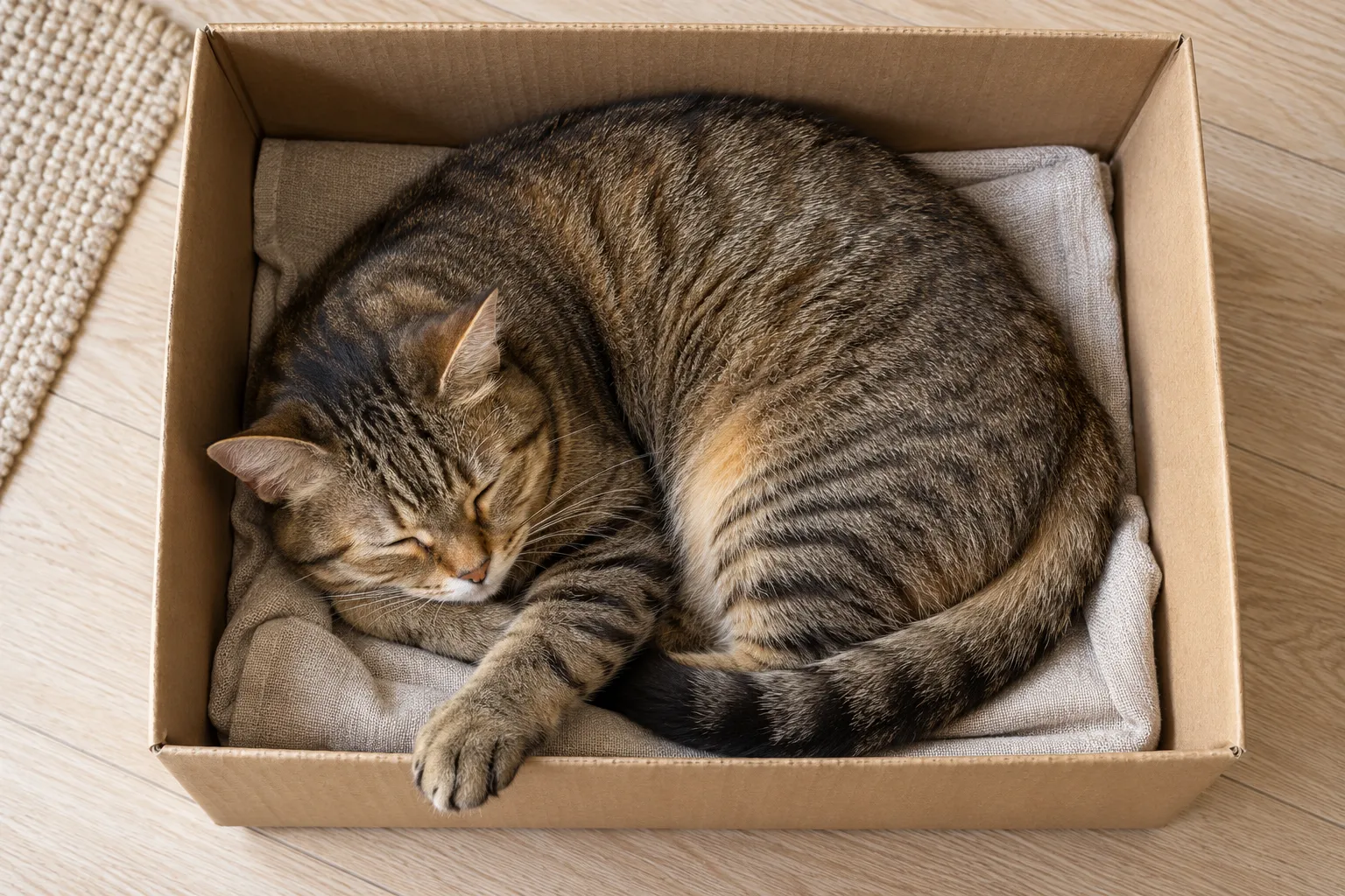 俯拍狸花猫蜷卧在敞口纸箱里，一只前爪放在箱沿上
