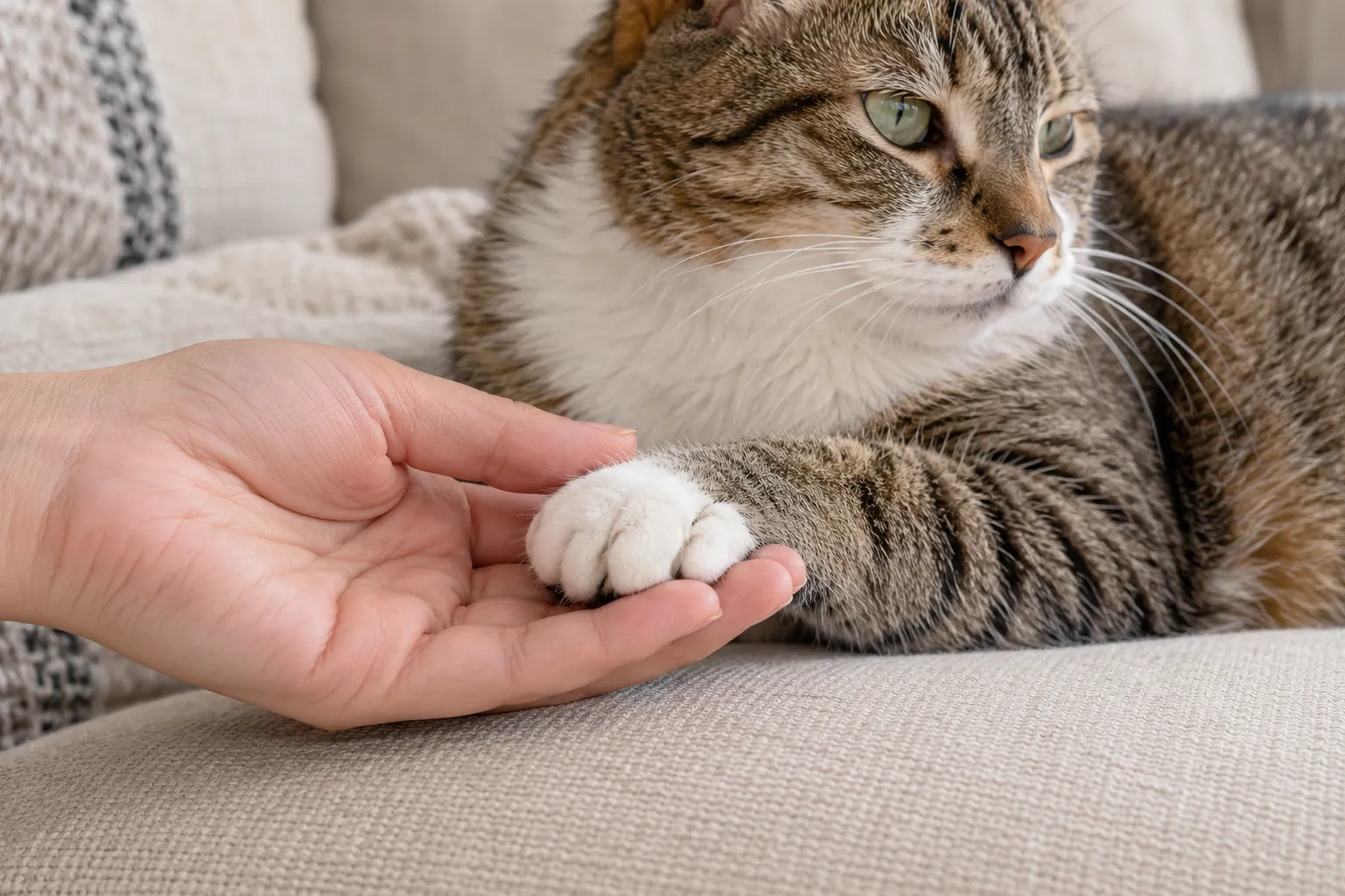 主人用张开的手掌轻托狸花白猫的前爪,猫放松趴在米色沙发上