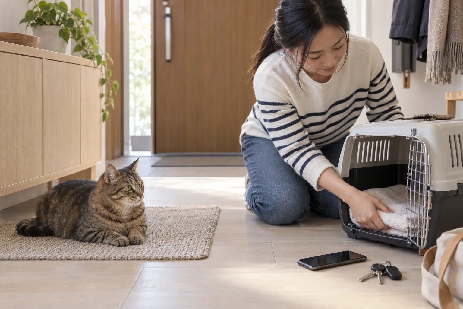狸花猫安静趴在门边地垫上,主人把软毛巾铺进打开的航空箱