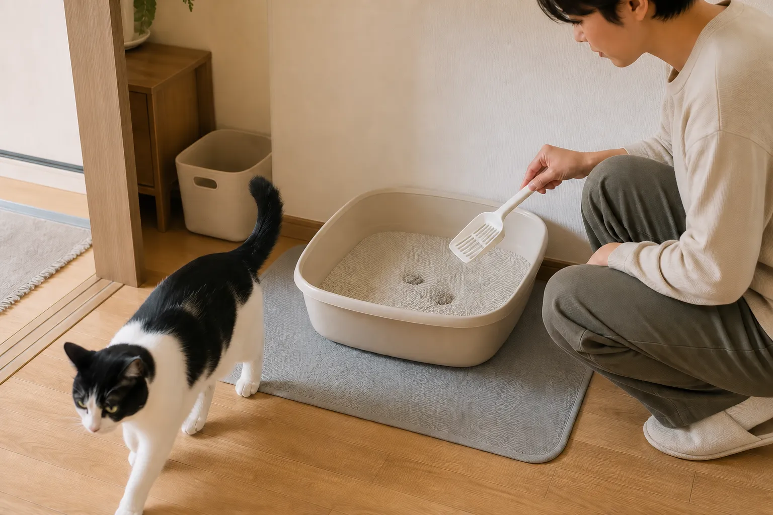 黑白猫离开猫砂盆,主人用猫砂铲查看两个普通尿团的大小