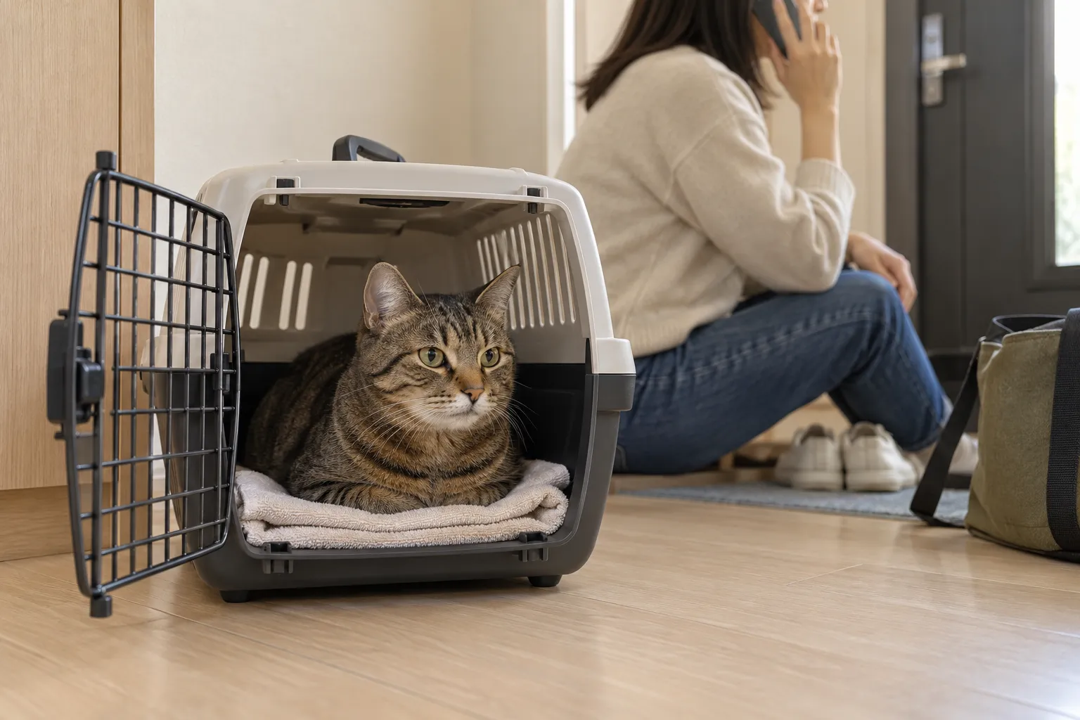 狸花猫趴在铺有毛巾的航空箱里,旁边的人正打电话