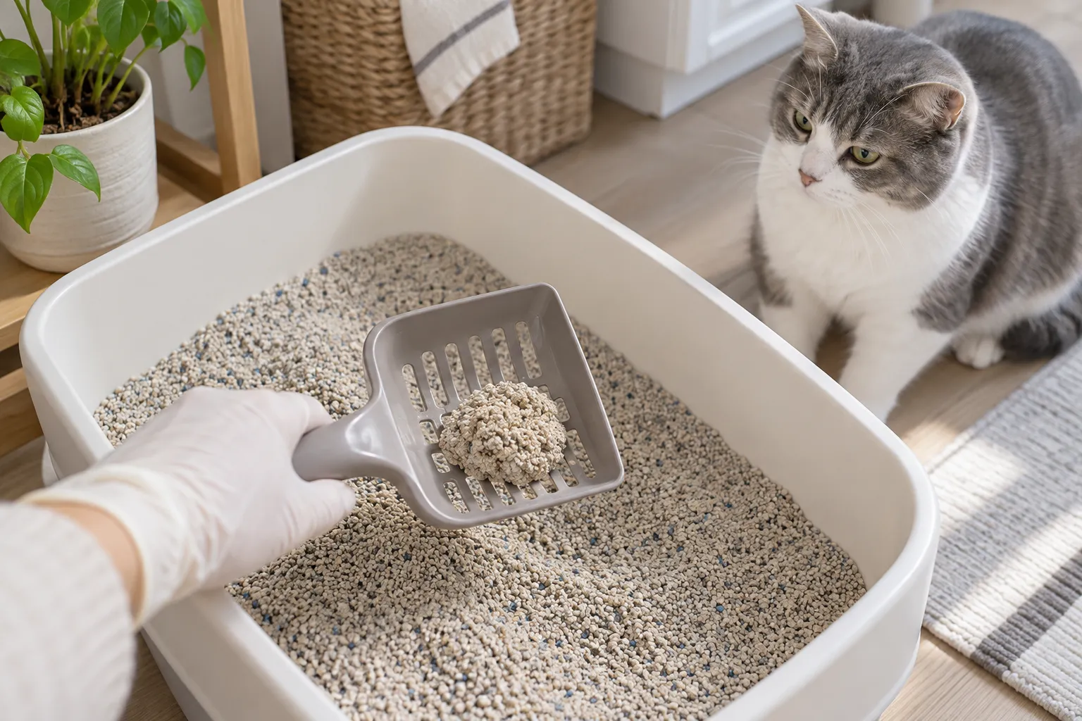 戴手套的主人用猫砂铲查看猫砂盆里的尿团，灰白猫在旁边观察