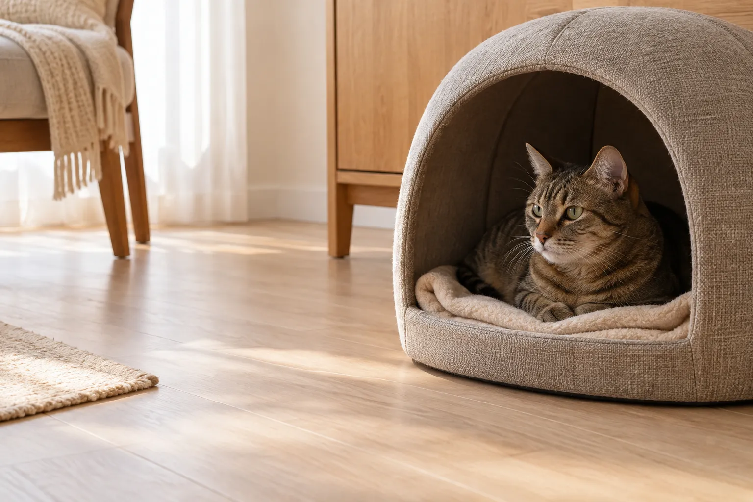 狸花猫卧在地面猫窝的熟悉毯子上，前方留有畅通的出入口