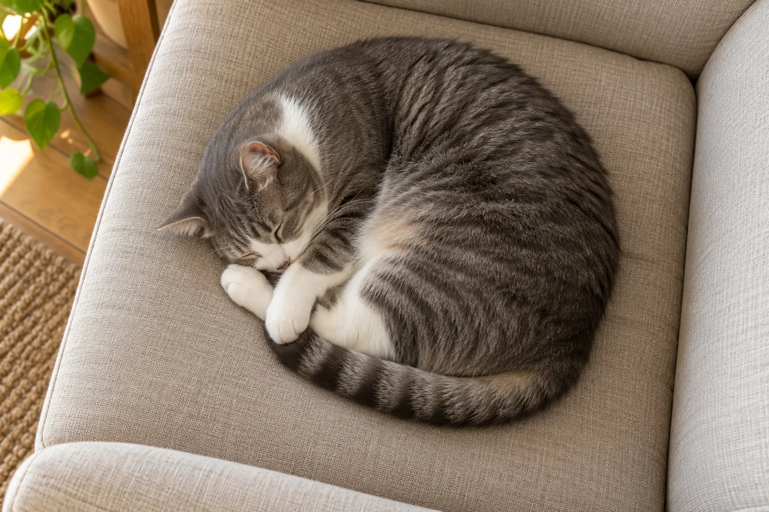 灰白狸花猫蜷成一团睡在米色扶手椅坐垫上，尾巴绕着身体外侧