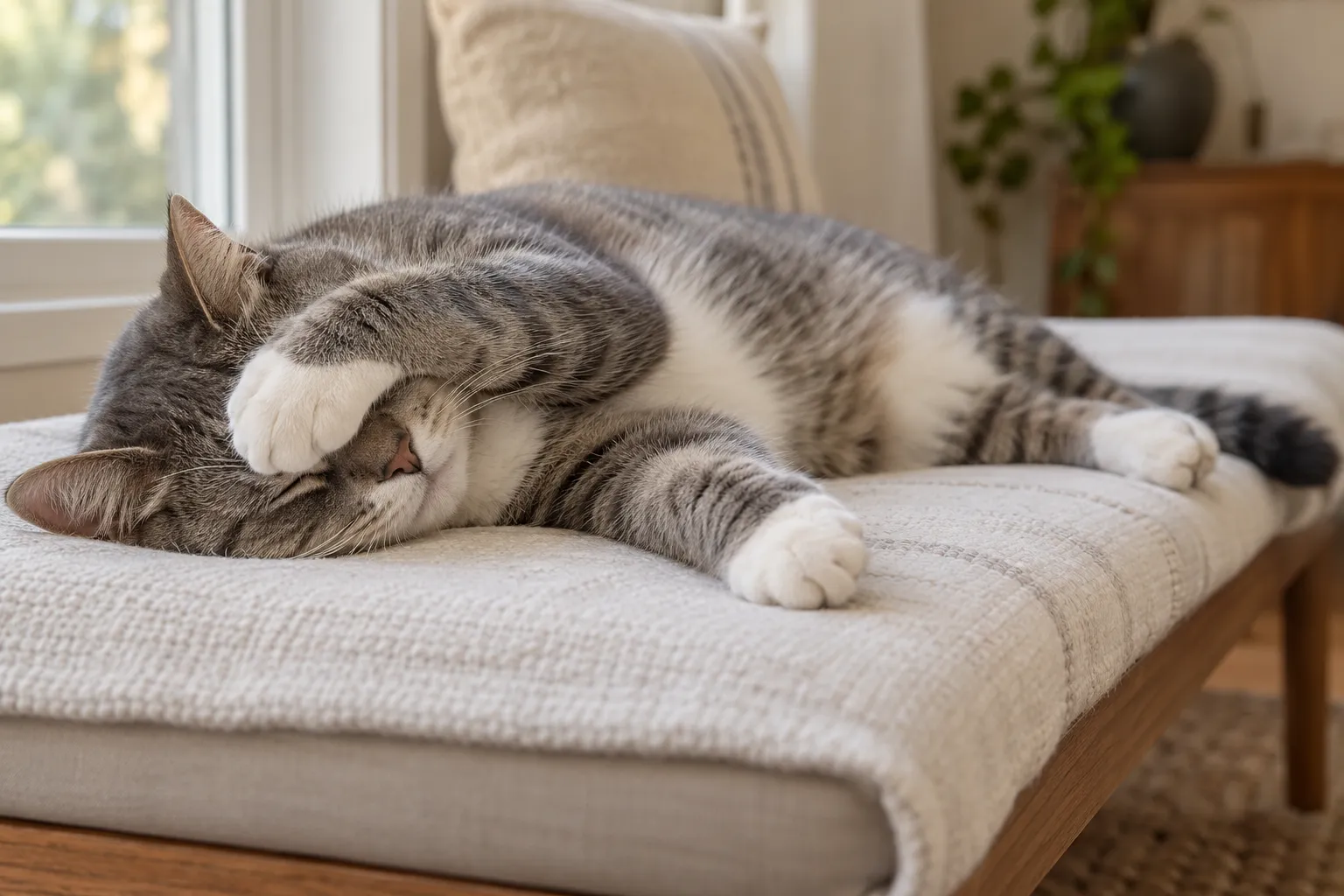 灰白狸花猫侧卧在浅色软垫上，一只白色前爪轻搭在闭着的眼睛前，鼻子和胡须露在外面