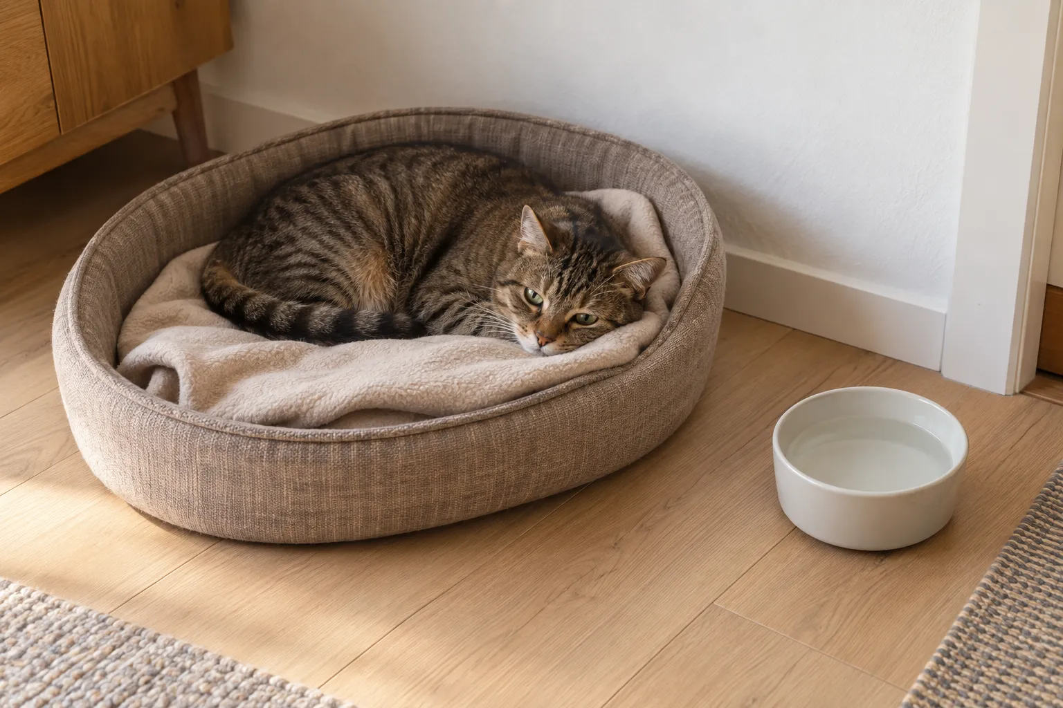 狸花猫蜷卧在铺着米色毯子的低猫窝里,旁边地板上放着清水碗