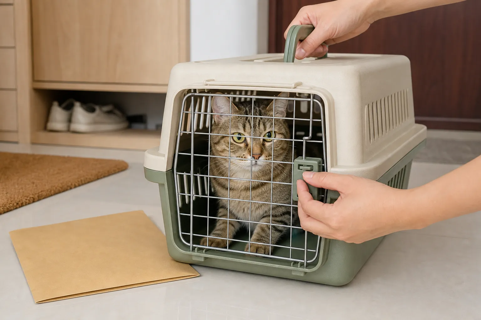 主人检查航空箱锁扣并提起手柄,猫安静地待在箱内准备就医
