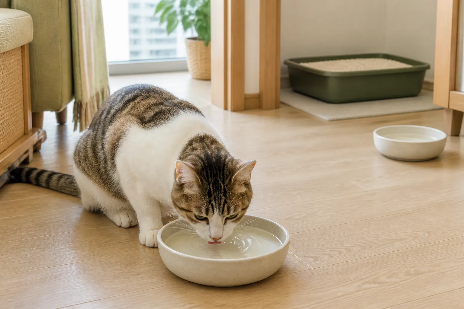 猫在宽口陶瓷碗中喝水,另一只水碗和干净猫砂盆分开放置