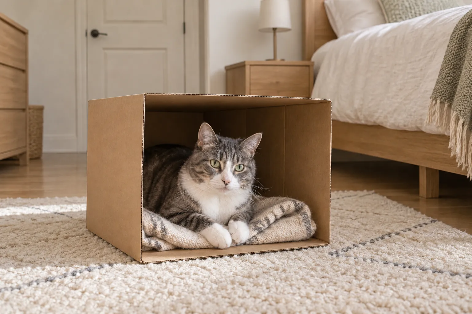 灰白狸花猫趴在卧室里侧放的纸箱中，前爪搭在柔软的毯子上