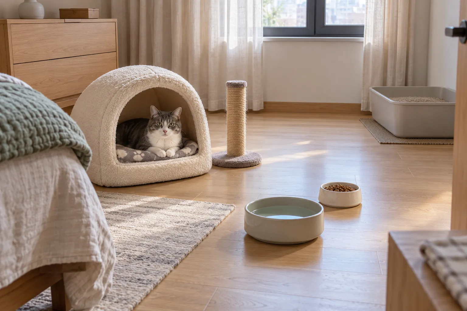 灰白猫在安静卧室的带顶猫窝里休息,水碗、食碗和猫砂盆分开放置