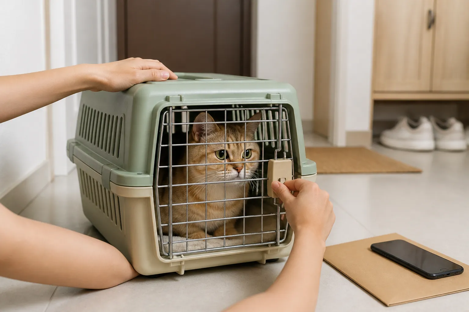 猫安静待在硬壳航空箱内,主人正在合上箱门并检查锁扣