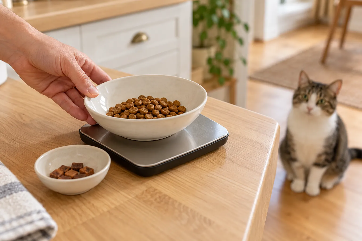 主人把装有猫粮的陶瓷碗放到厨房秤上,旁边另放一小碟零食,猫坐在后方地板上