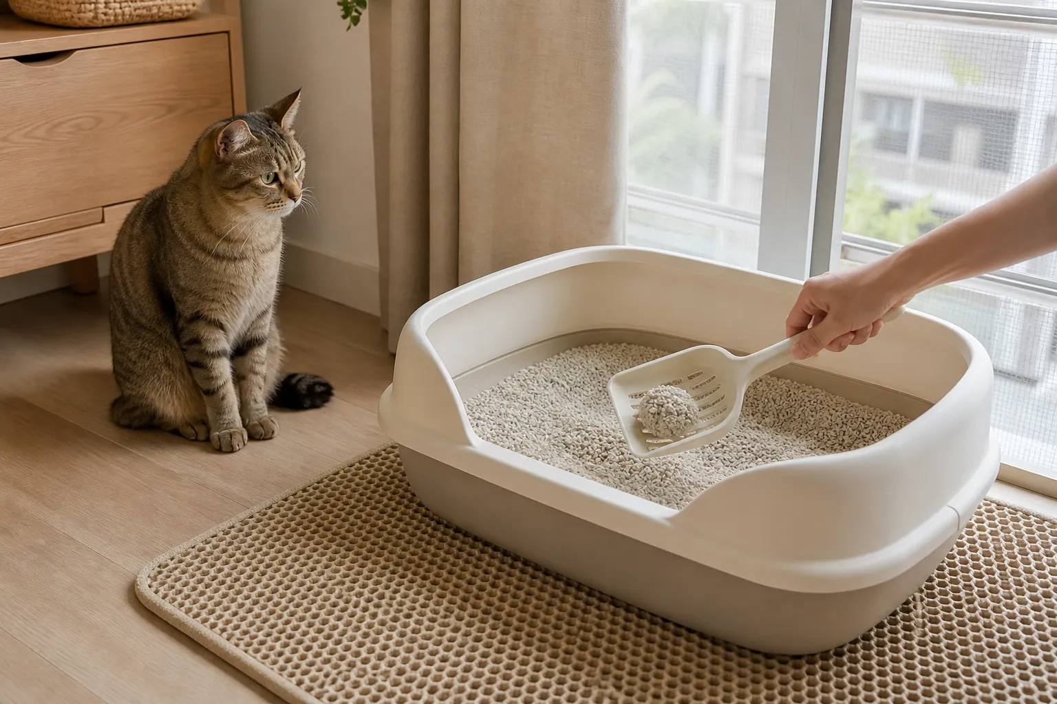 通风窗边的开放式猫砂盆正在铲除结团，猫安静地等在落砂垫外