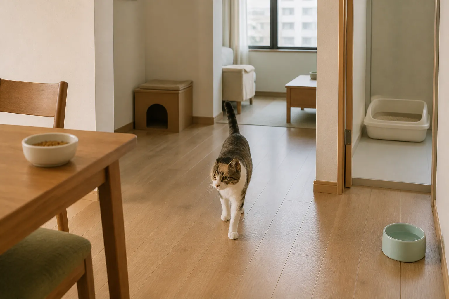 食碗、水碗、猫砂盆和躲藏处被分散放置,猫在通畅的路线中行走