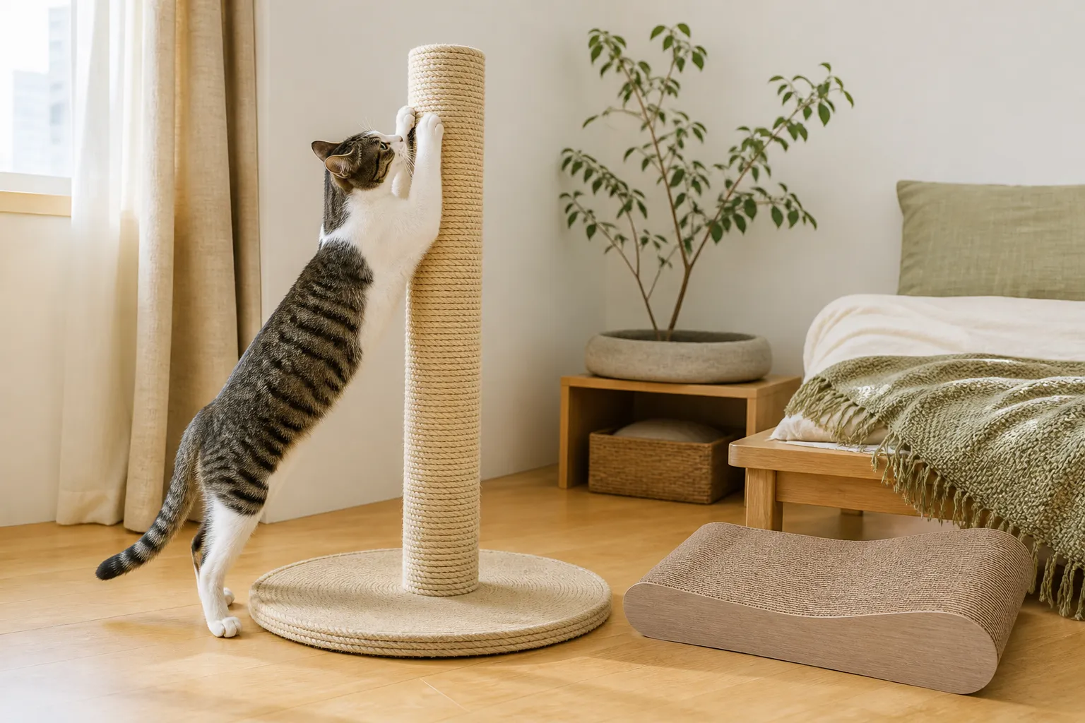 一只猫在宽底座的高抓柱上伸展抓挠,旁边还有横向抓板