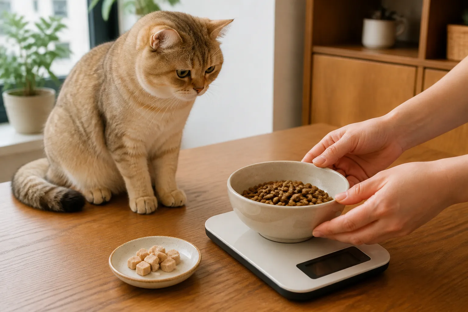 主人把猫粮碗放在厨房秤上按克称量,旁边单独放着一小碟零食