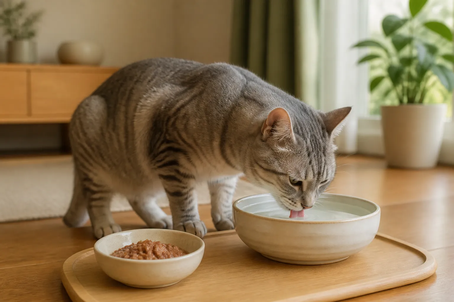一只灰色虎斑猫在浅口水碗喝水,旁边放着一小碗湿粮